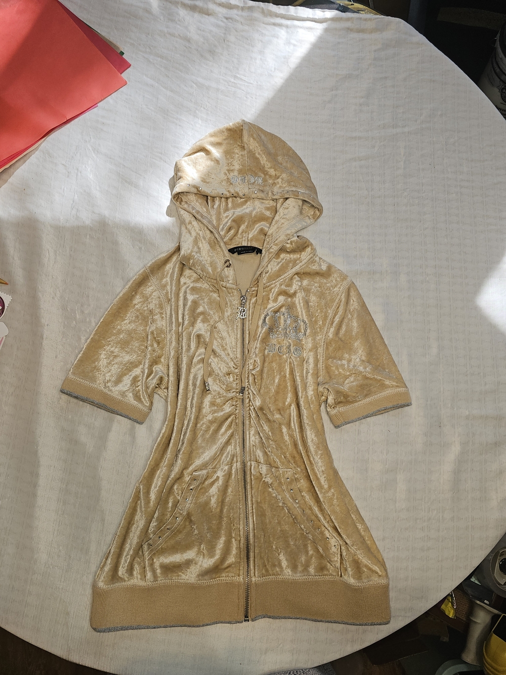 Vintage 2000s BCBGMaxAzria Gold Velour Hooded Short-Sleeve Zip Jacket